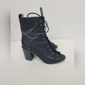 Breckelles Tina-15 Black Lace Up Boot Open Toe Block Heel 7.5 Zip Faux Leather